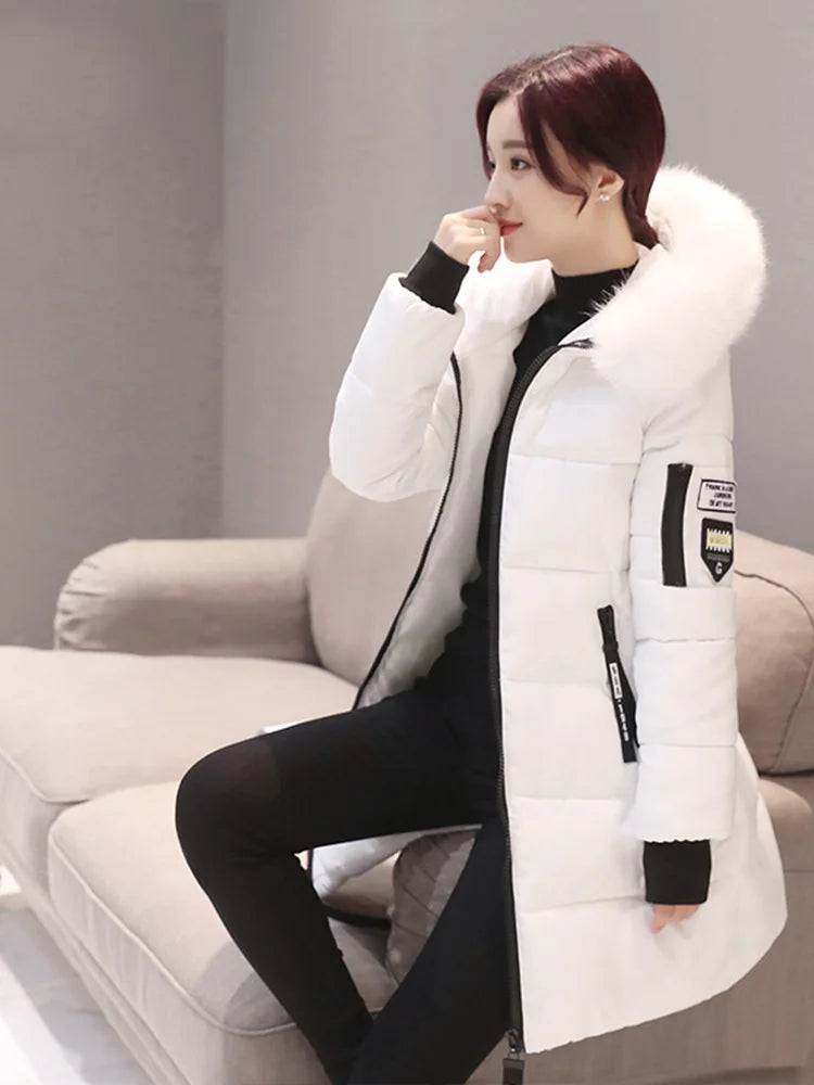 Elegant Winter Warm Fur Collar Hooded Slim Thick Female Coats