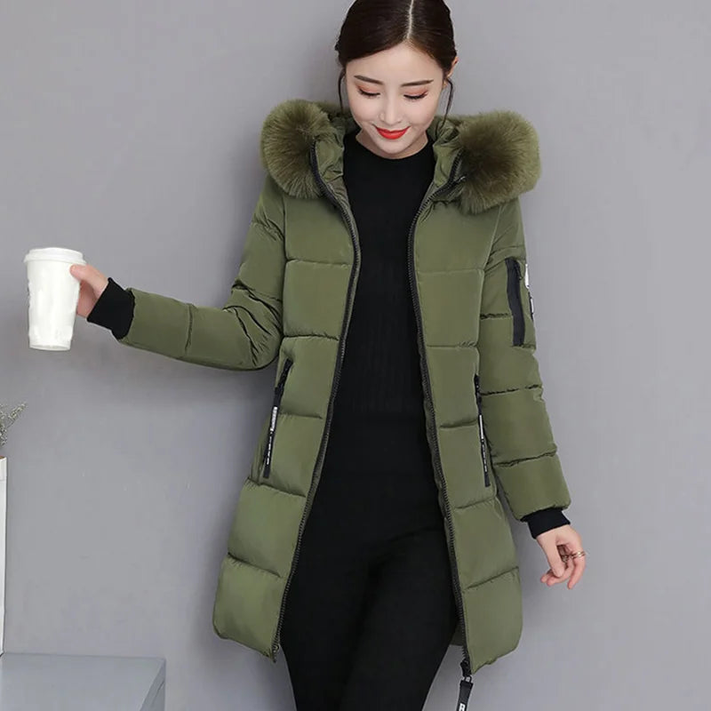 Elegant Winter Warm Fur Collar Hooded Slim Thick Female Coats