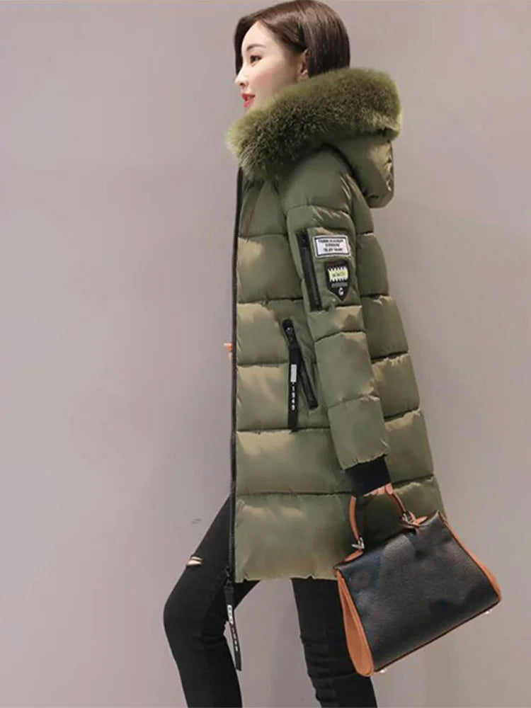 Elegant Winter Warm Fur Collar Hooded Slim Thick Female Coats