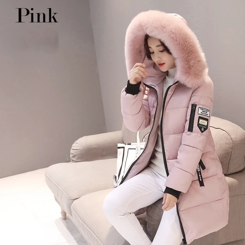 Elegant Winter Warm Fur Collar Hooded Slim Thick Female Coats