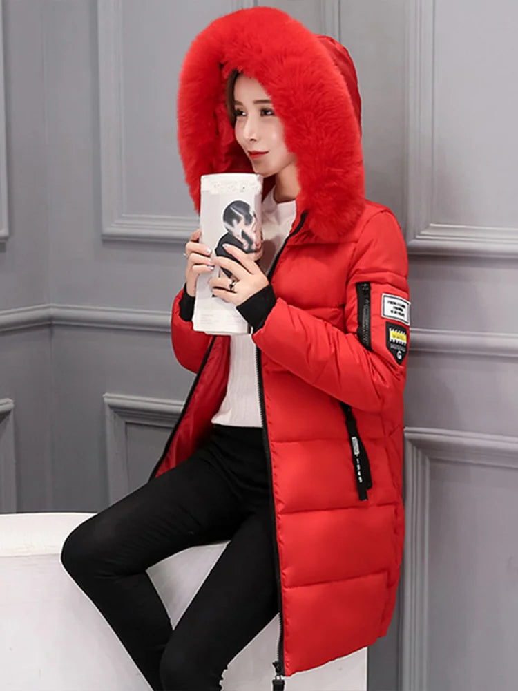 Elegant Winter Warm Fur Collar Hooded Slim Thick Female Coats