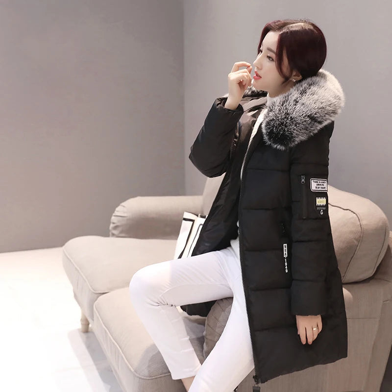 Elegant Winter Warm Fur Collar Hooded Slim Thick Female Coats