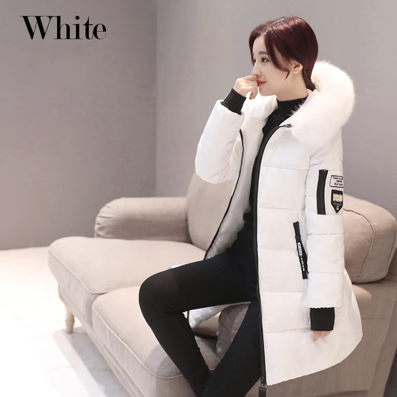 Elegant Winter Warm Fur Collar Hooded Slim Thick Female Coats