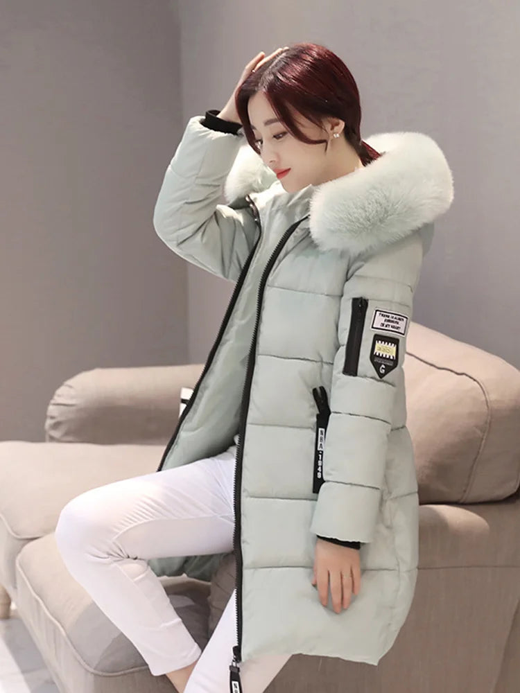 Elegant Winter Warm Fur Collar Hooded Slim Thick Female Coats