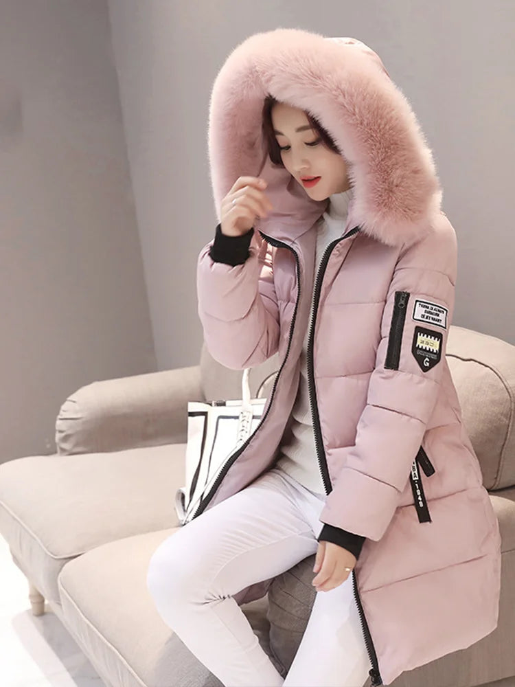 Elegant Winter Warm Fur Collar Hooded Slim Thick Female Coats