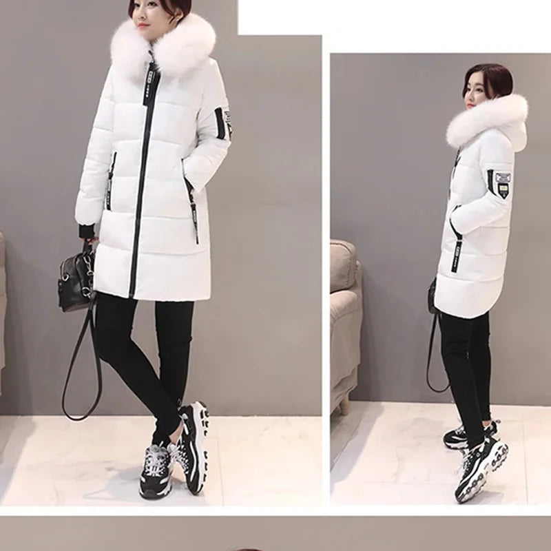 Elegant Winter Warm Fur Collar Hooded Slim Thick Female Coats