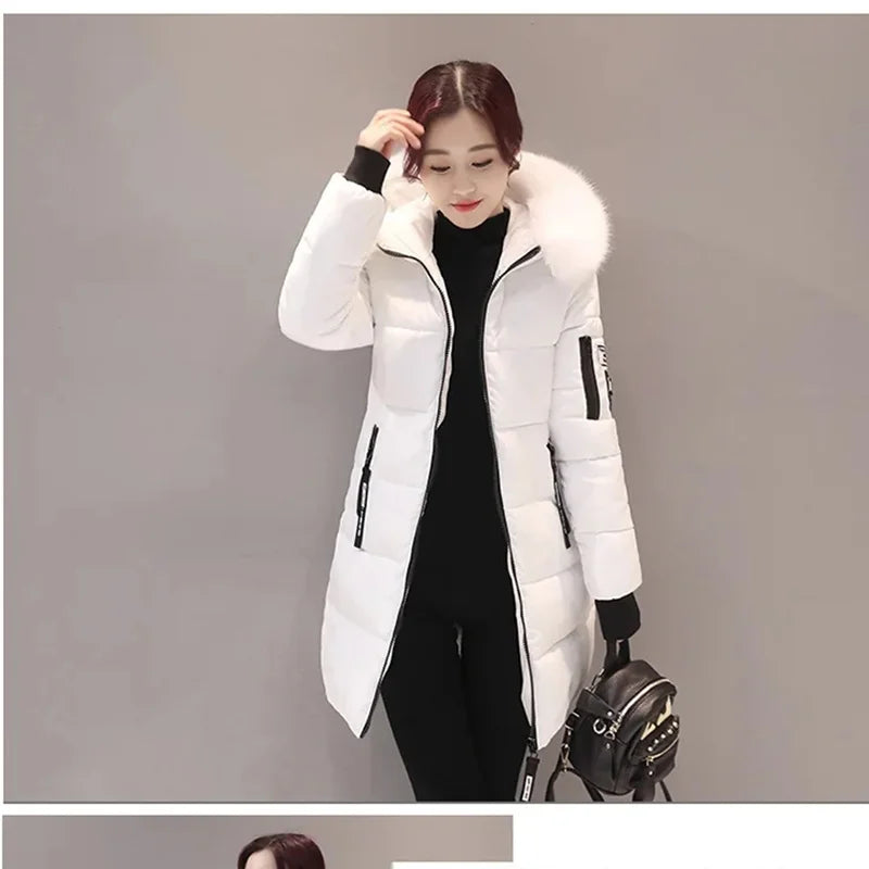 Elegant Winter Warm Fur Collar Hooded Slim Thick Female Coats