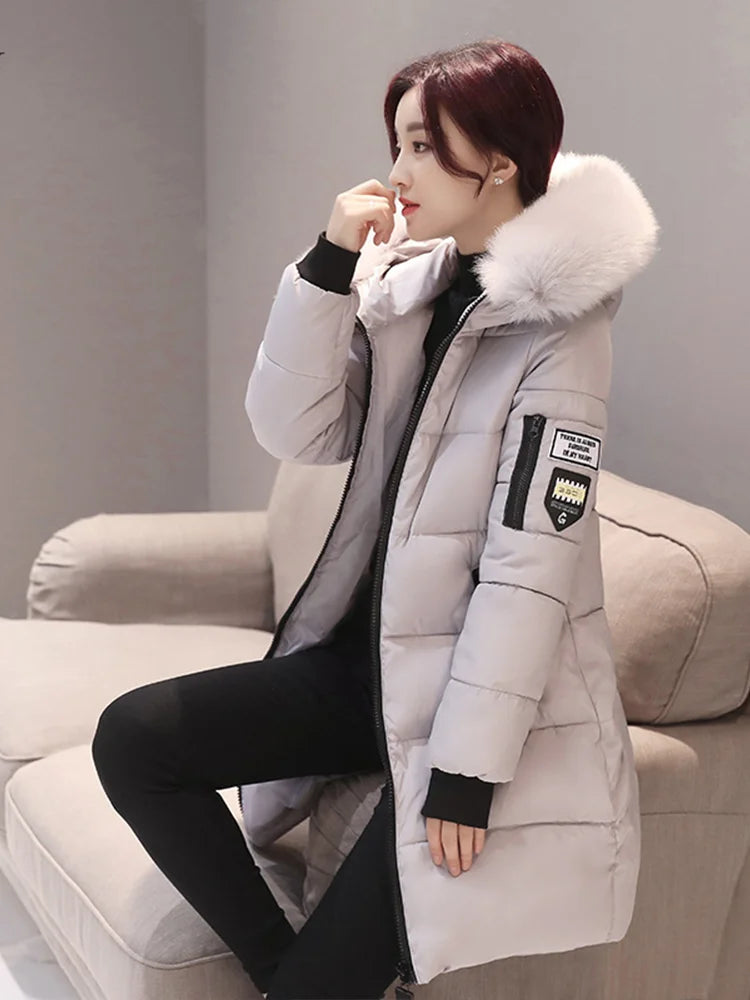 Elegant Winter Warm Fur Collar Hooded Slim Thick Female Coats