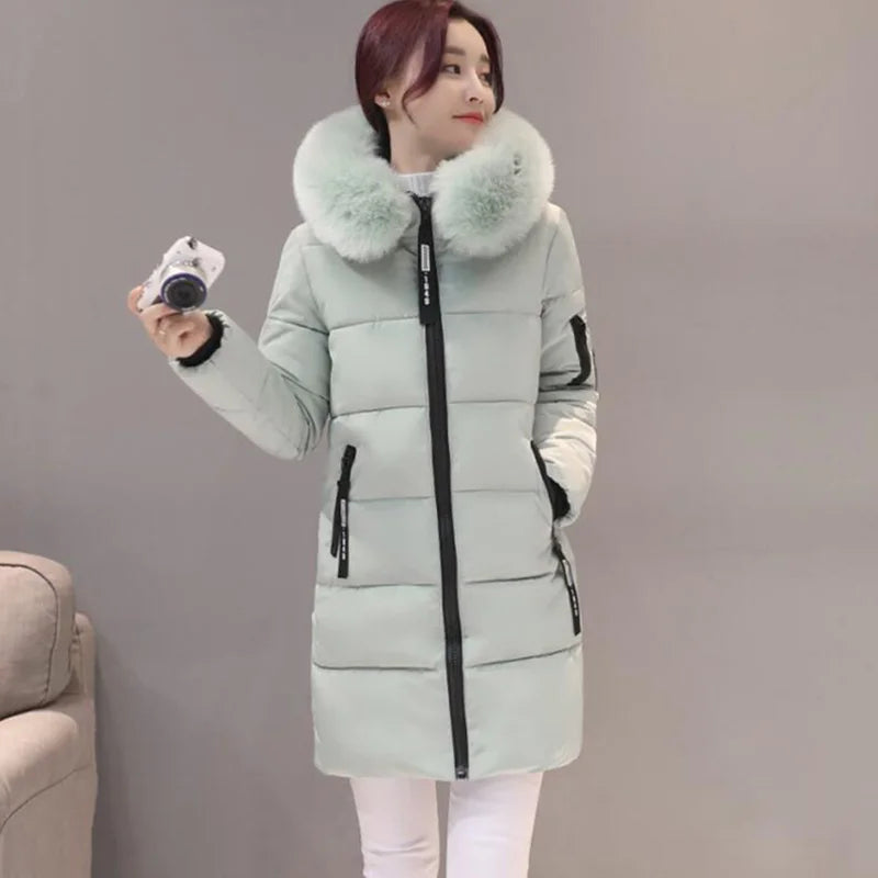 Elegant Winter Warm Fur Collar Hooded Slim Thick Female Coats