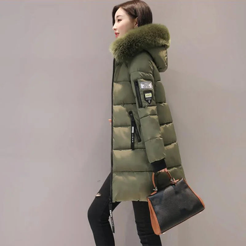 Elegant Winter Warm Fur Collar Hooded Slim Thick Female Coats