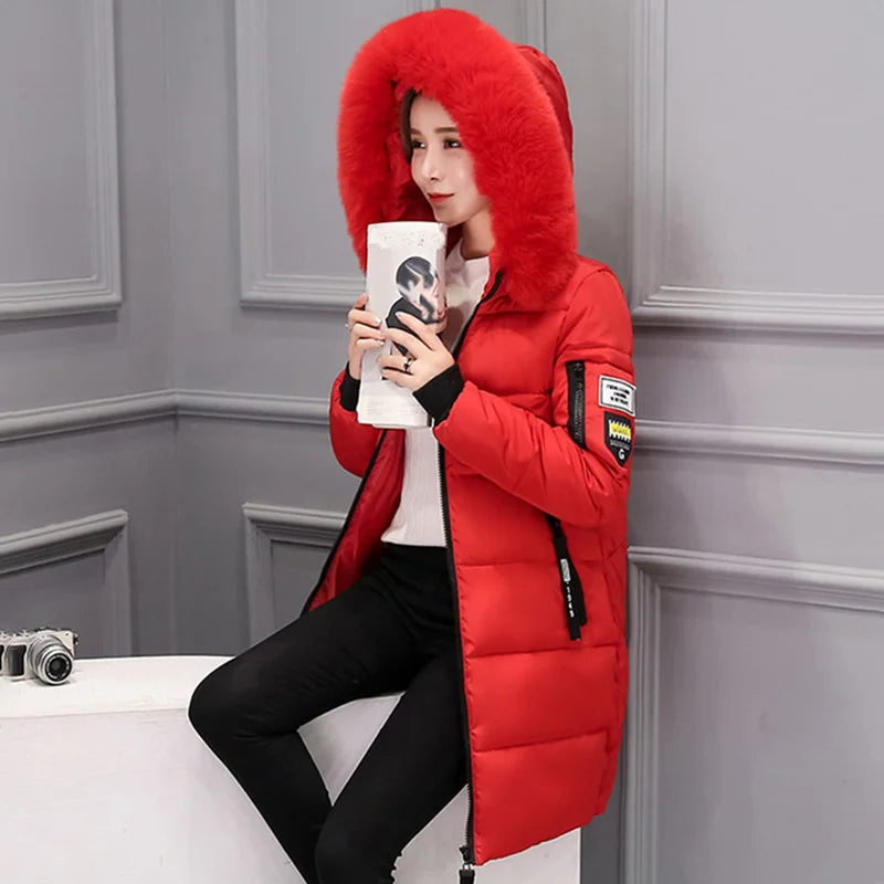 Elegant Winter Warm Fur Collar Hooded Slim Thick Female Coats