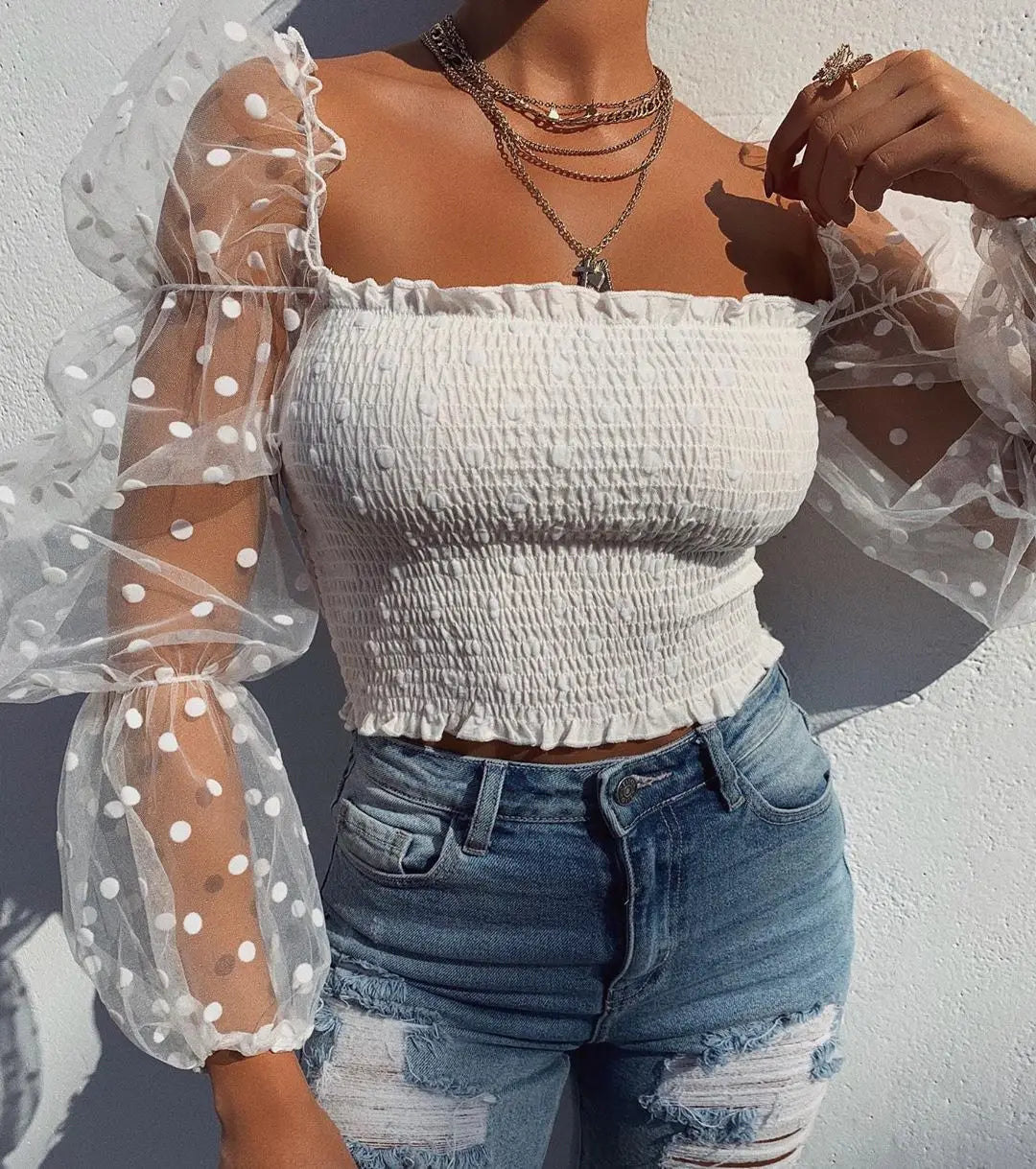 Sheer Mesh Blouses Long Sleeve T-Shirt