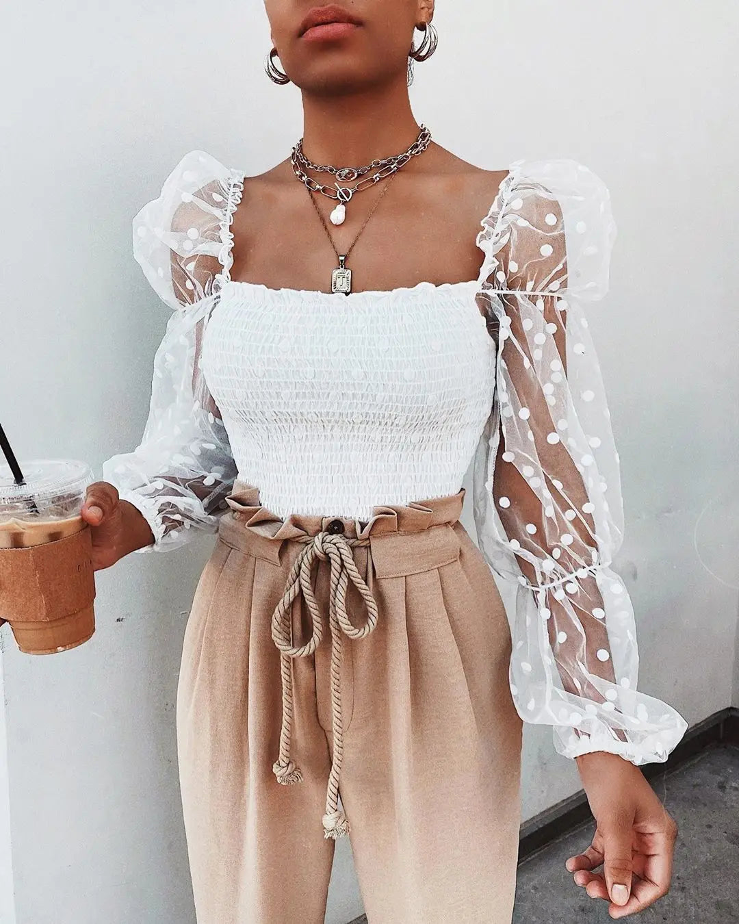 Sheer Mesh Blouses Long Sleeve T-Shirt