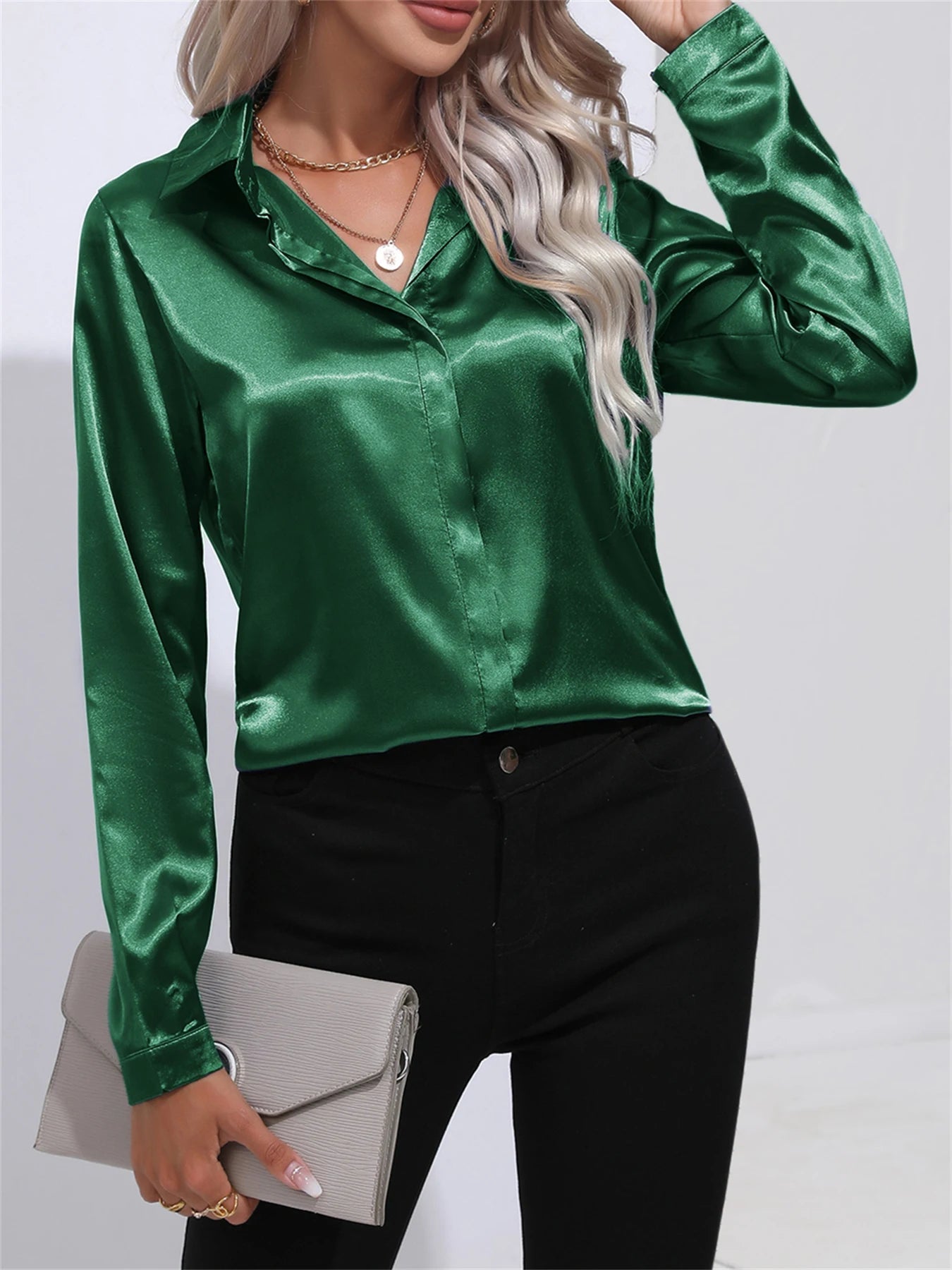 Elegant Turn-Down Collar One Button Satin Long Sleeve Shirt