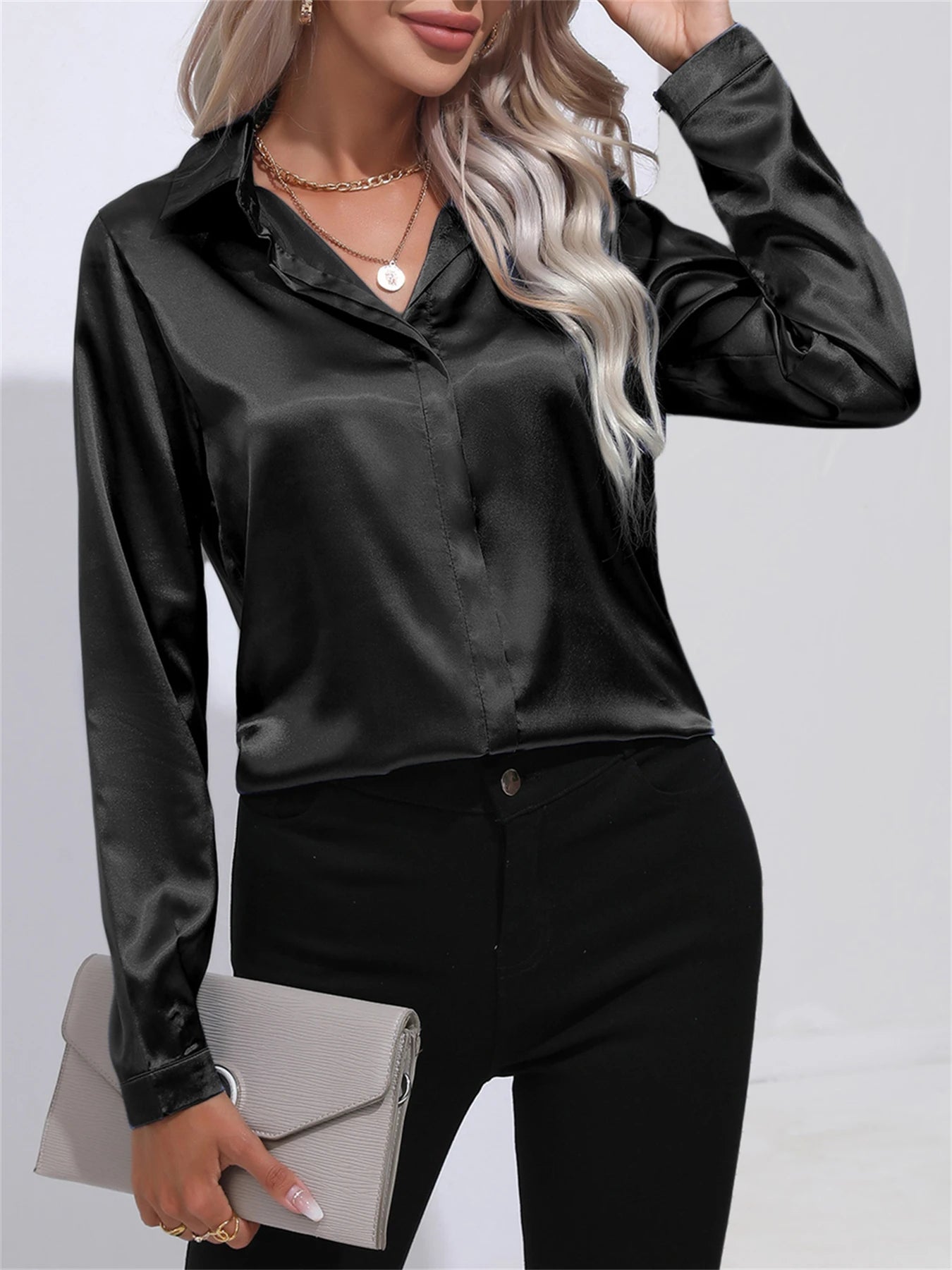 Elegant Turn-Down Collar One Button Satin Long Sleeve Shirt