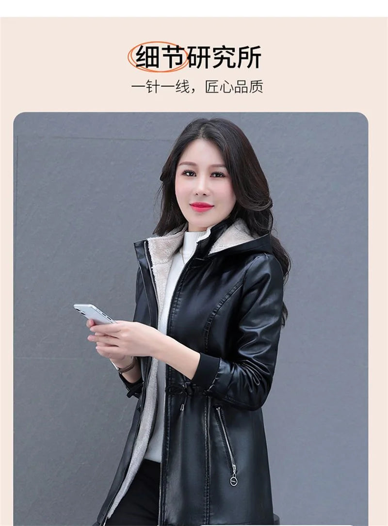 Long Sheep Leather Jacket Plus Velvet Padded Warm Coat