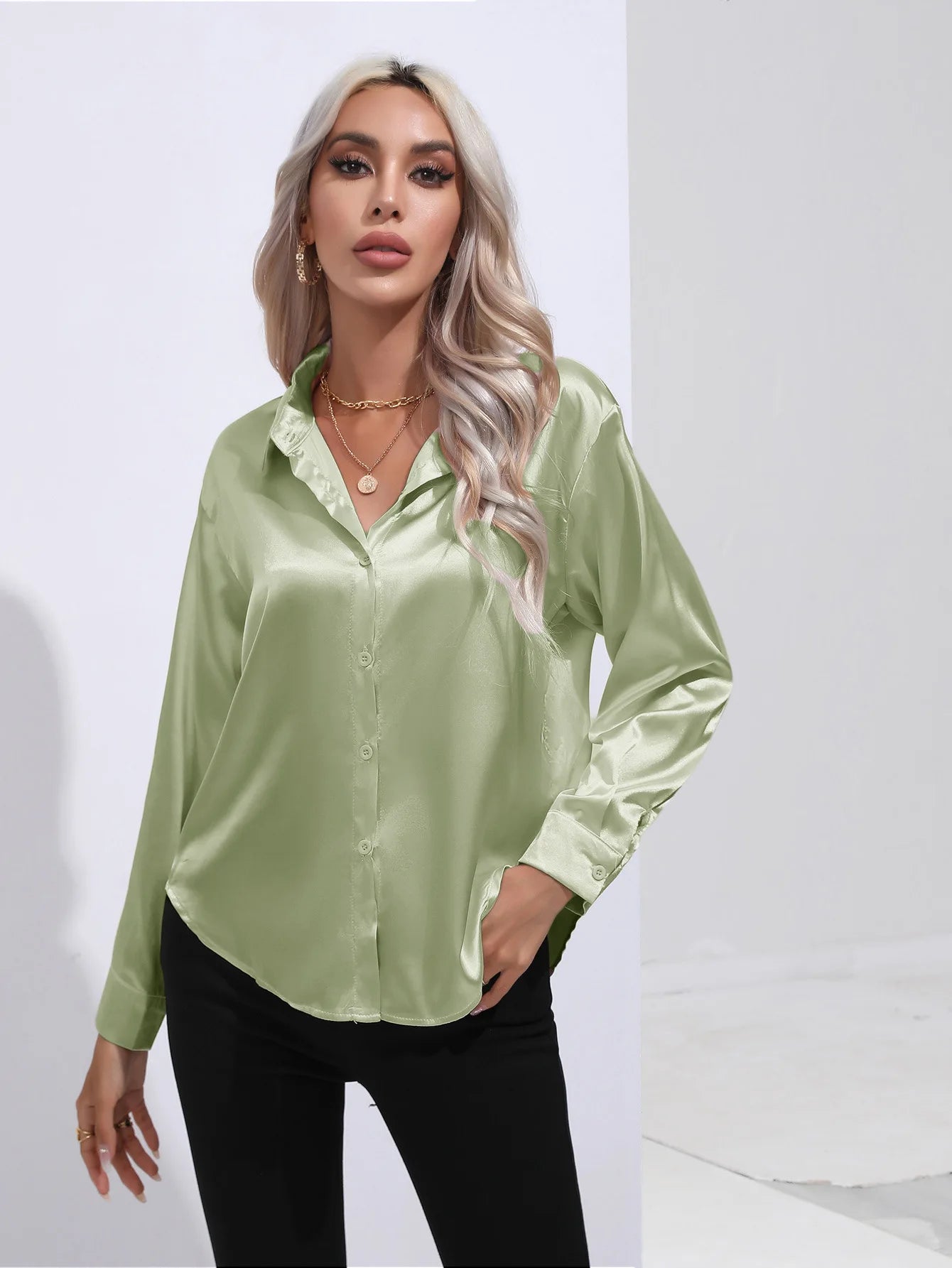 Spring Summer Satin Long Sleeve Office Shirt