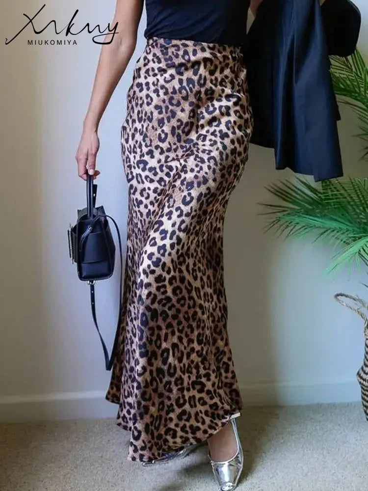 Elegant  High Waist A Line Office Slim Long Leopard Skirt