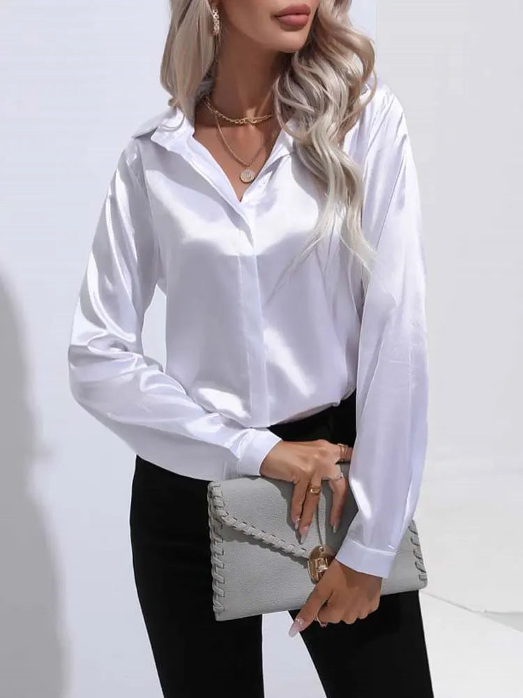 Spring Summer Satin Long Sleeve Office Shirt