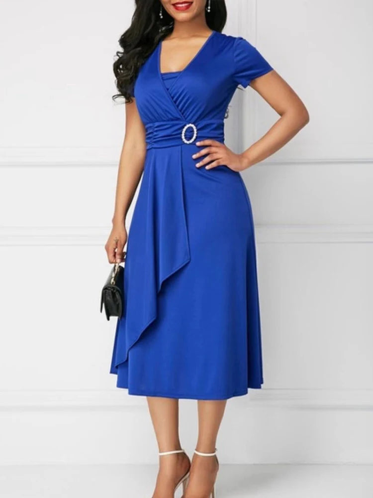 Sleeve V Neck  Waist Tight Midi Party Dress