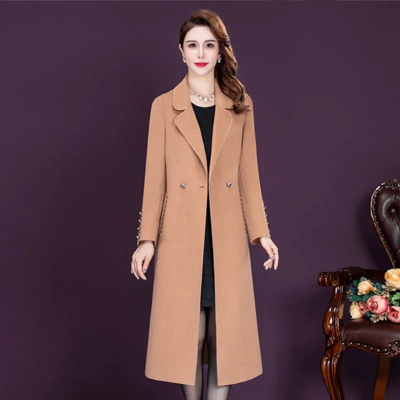 Autumn Winter New Women Fashion Coat Warm Pure Color Long Jacket with Pocket Ladies Outwear Slim Clothing for Womens