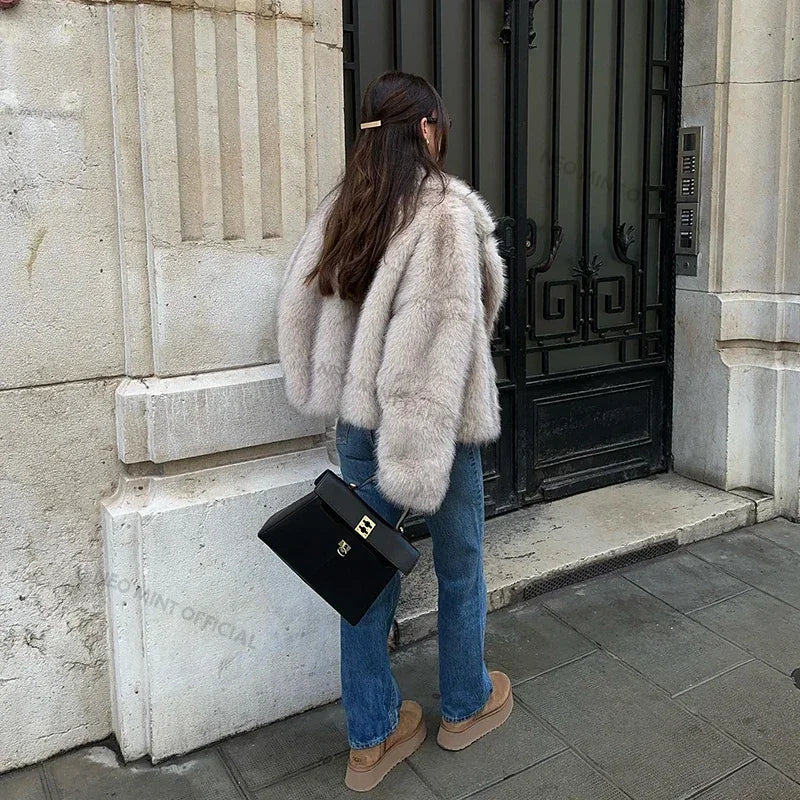 Winter Brand Fashion Fluffy Fox Fur Coat Female Luxury Outerwear