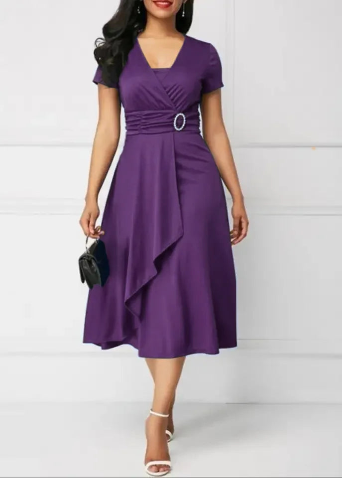 Sleeve V Neck  Waist Tight Midi Party Dress