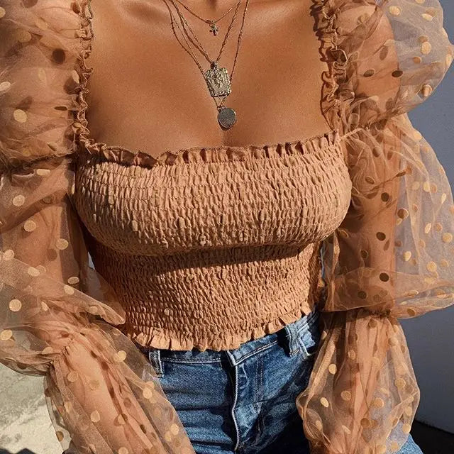 Sheer Mesh Blouses Long Sleeve T-Shirt