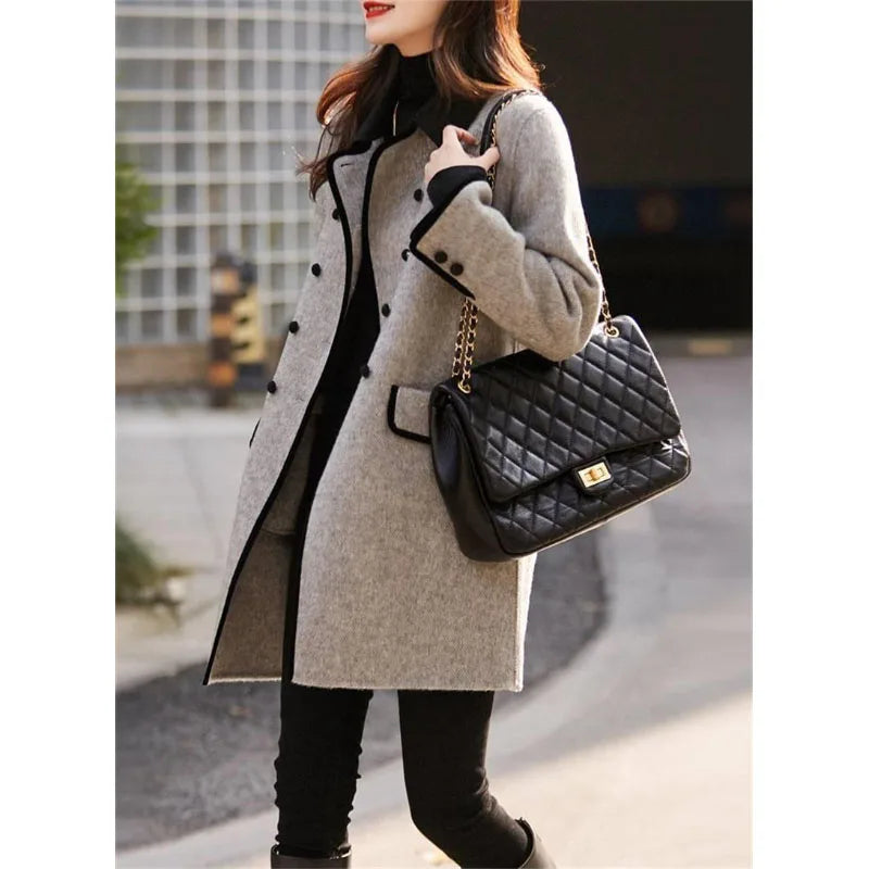 New  Winter High Quality Woolen Style Contrast Color Wool Overcoat Women