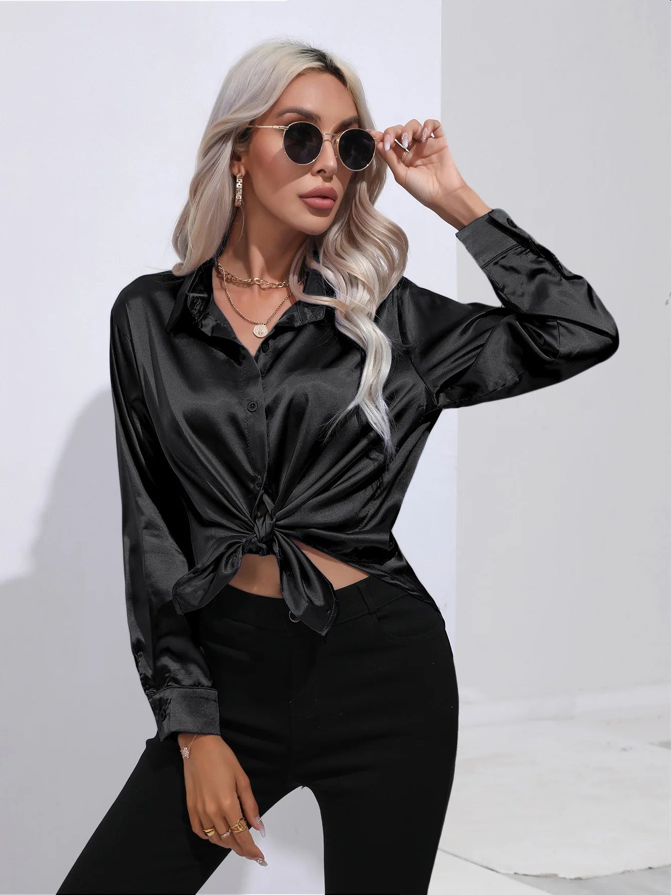 Spring Summer Satin Long Sleeve Office Shirt