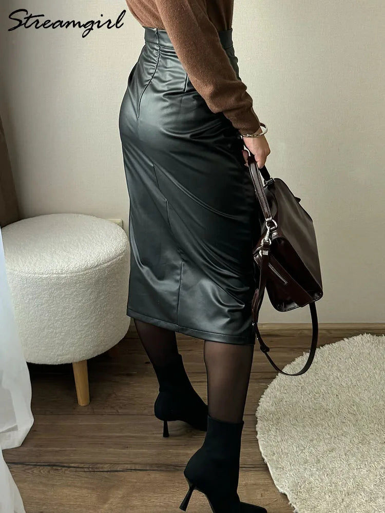 Black Faux Leather Folded Skirt