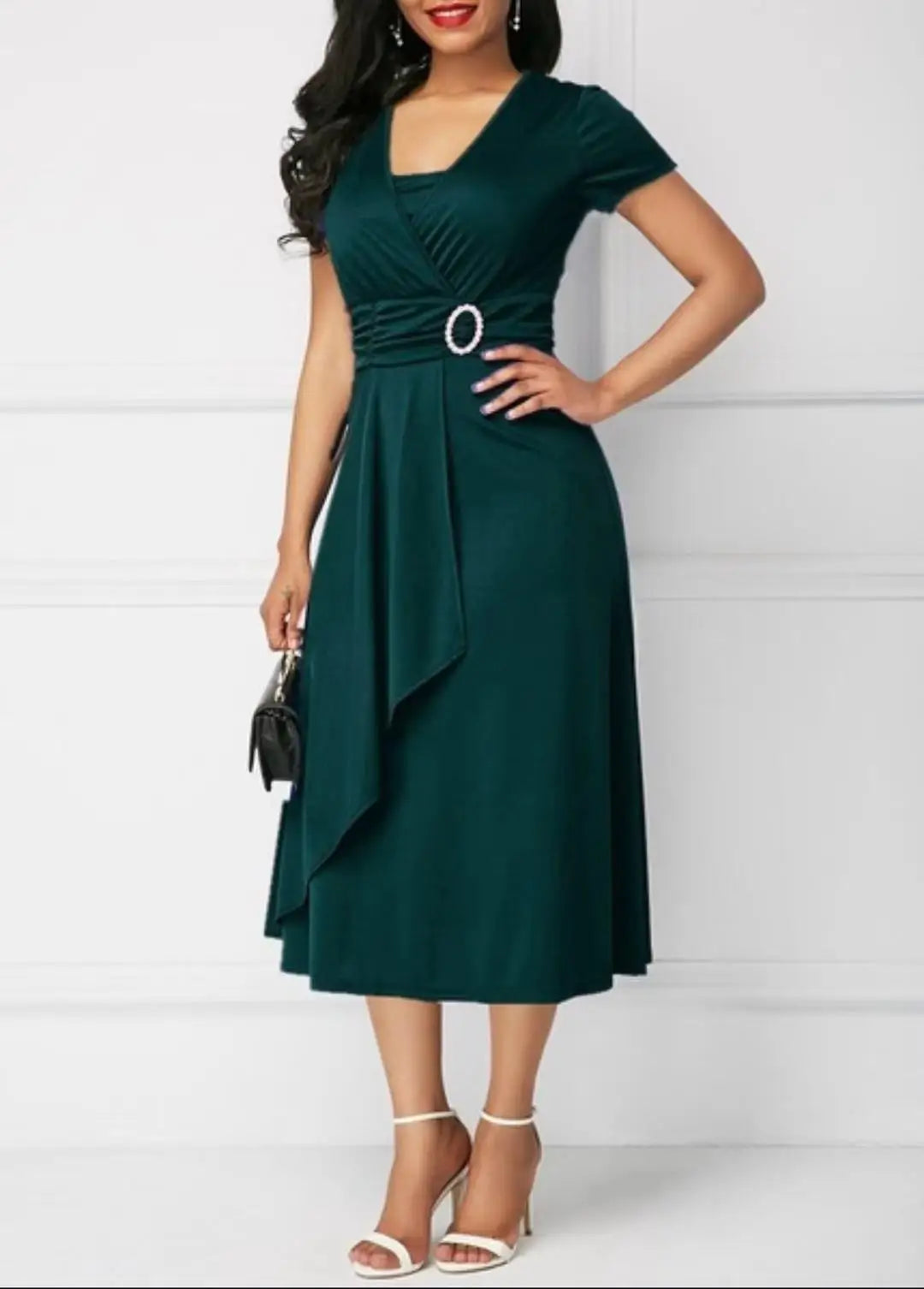 Sleeve V Neck  Waist Tight Midi Party Dress