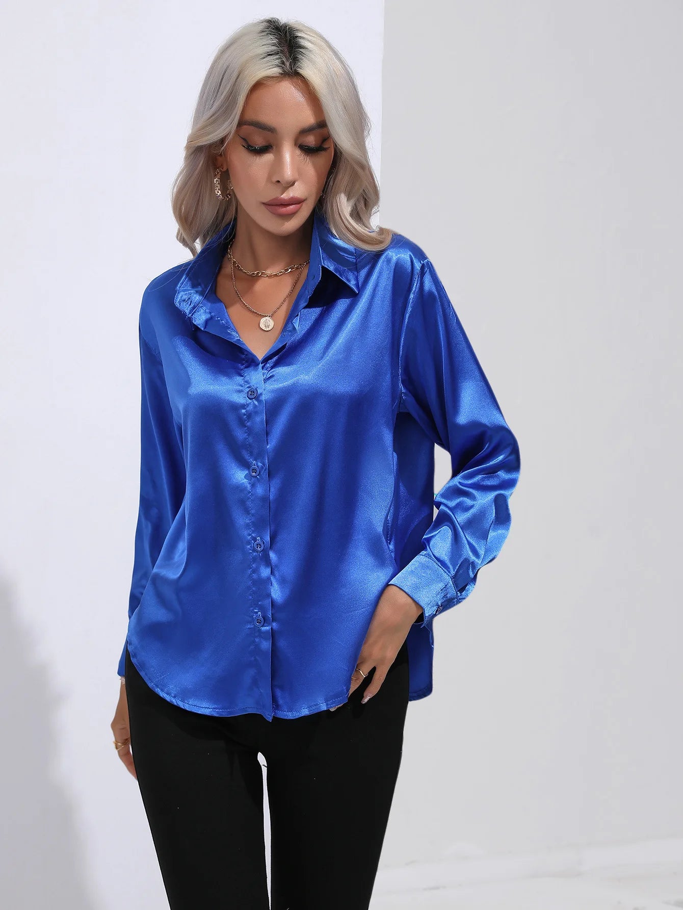 Spring Summer Satin Long Sleeve Office Shirt