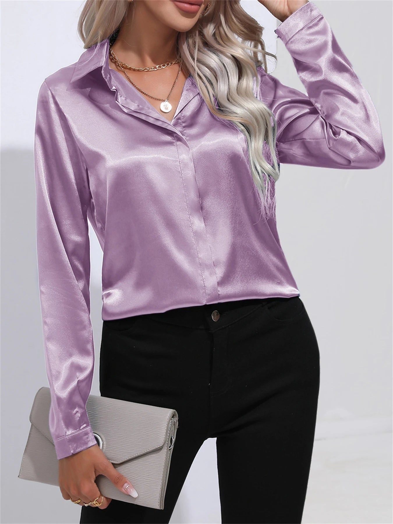 Elegant Turn-Down Collar One Button Satin Long Sleeve Shirt