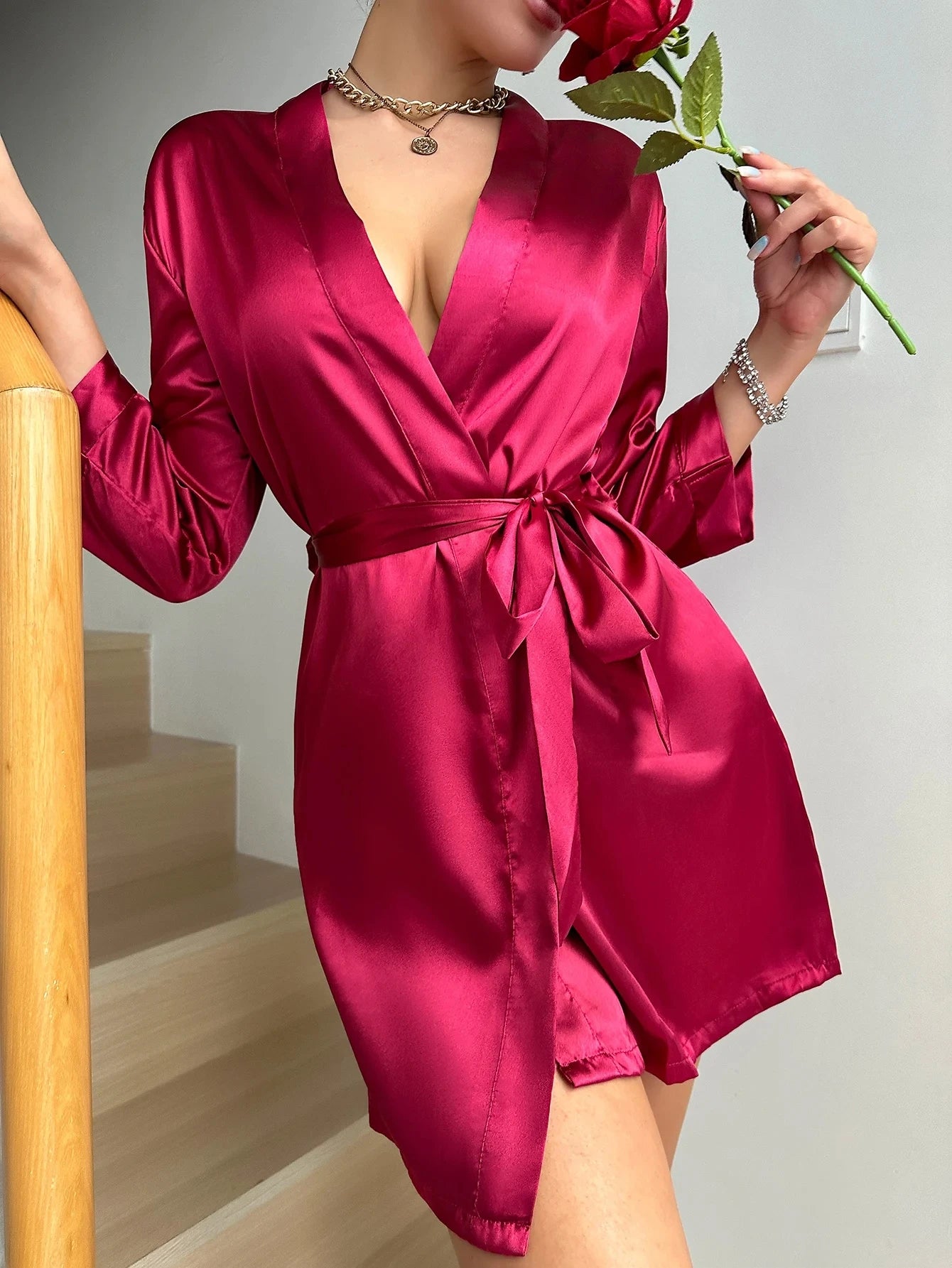 Night Robe Long Sleeve V Neck Robe With Belt