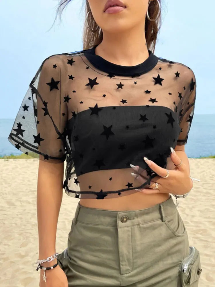 Drop Shoulder Crop Mesh Top