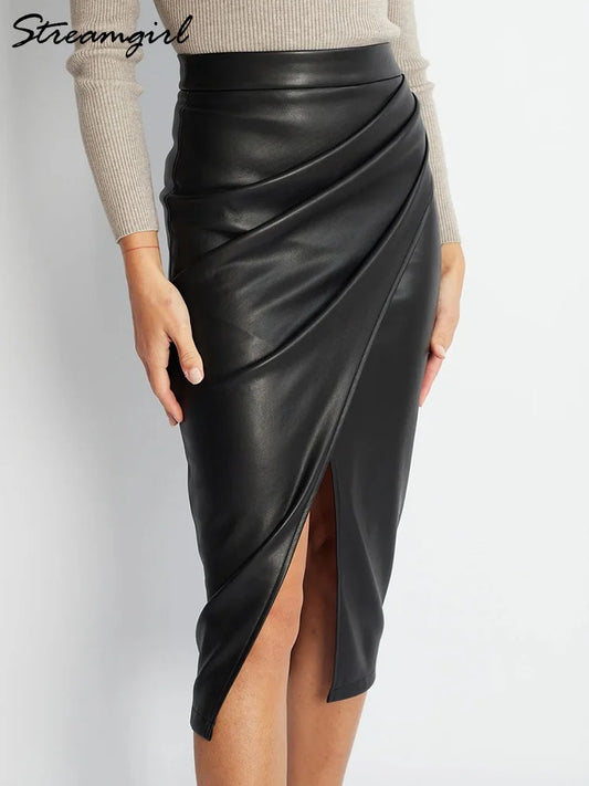 Black Faux Leather Folded Skirt