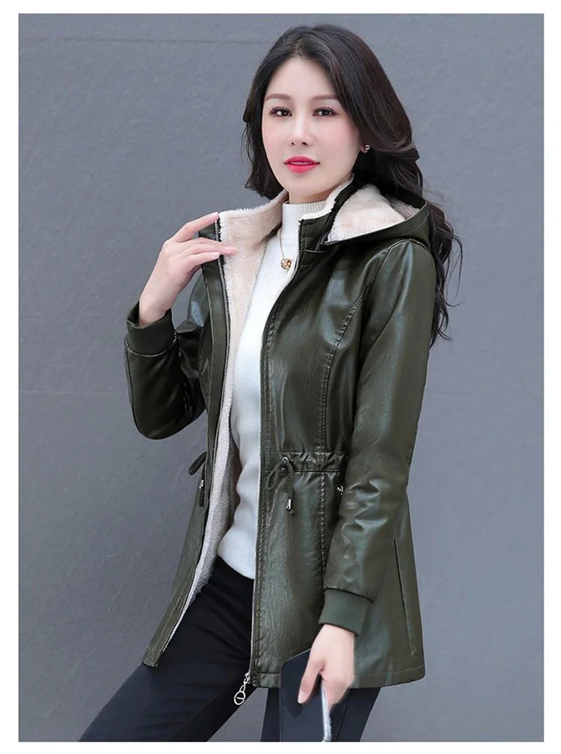 Long Sheep Leather Jacket Plus Velvet Padded Warm Coat