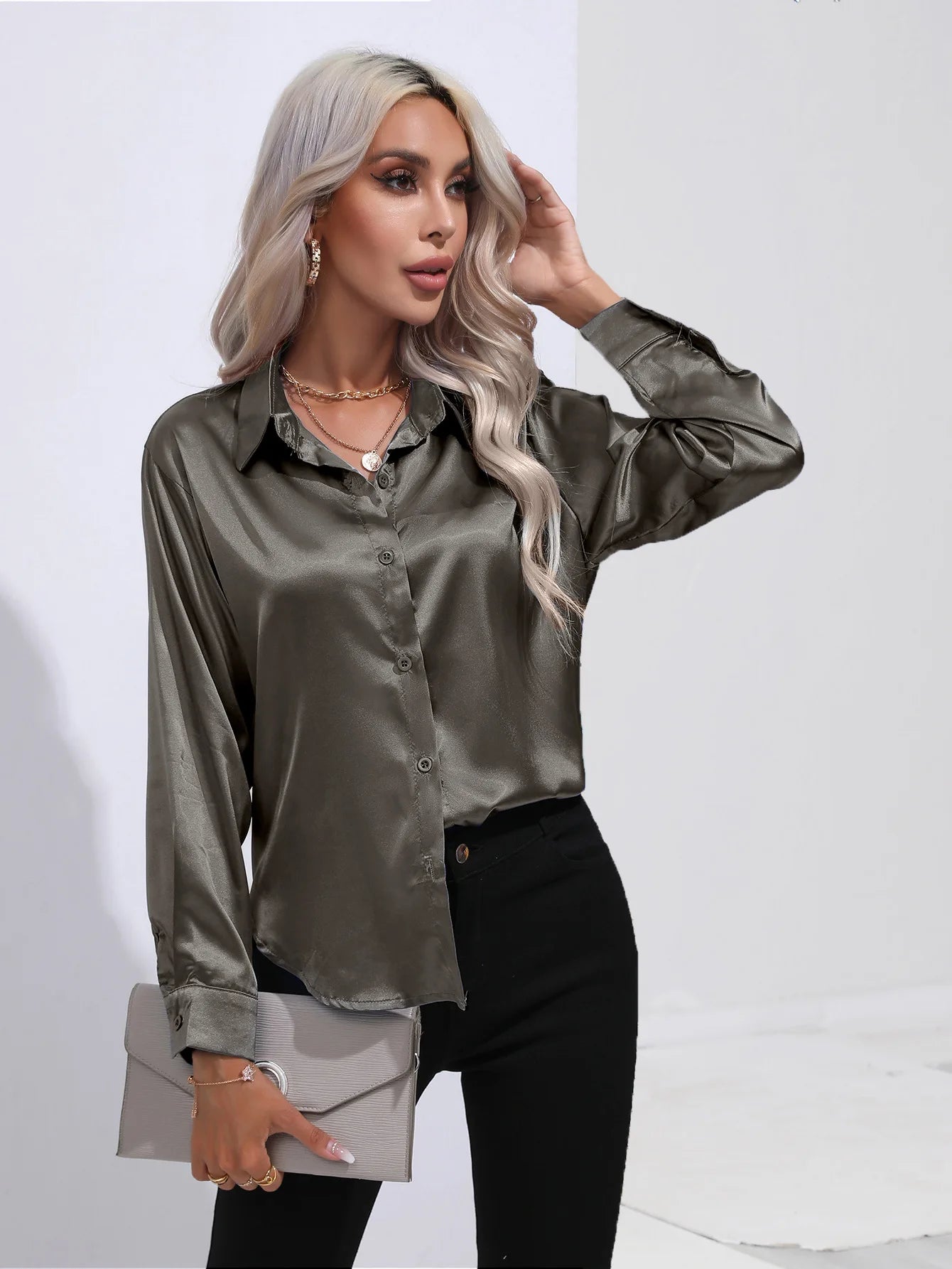 Spring Summer Satin Long Sleeve Office Shirt