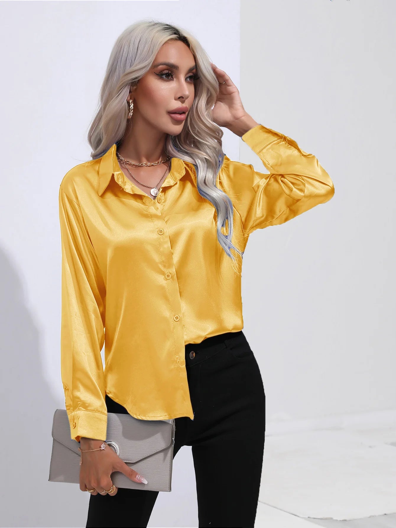 Spring Summer Satin Long Sleeve Office Shirt