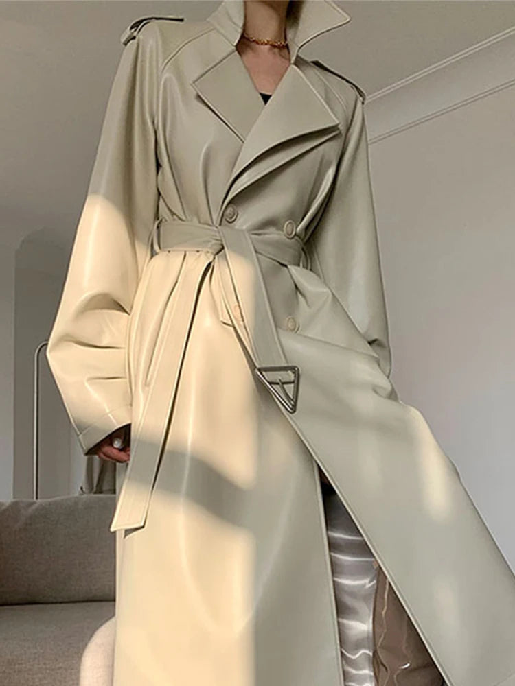 Elegan Leather Trench Coat Luxury for Women, Belt, Double Breasted