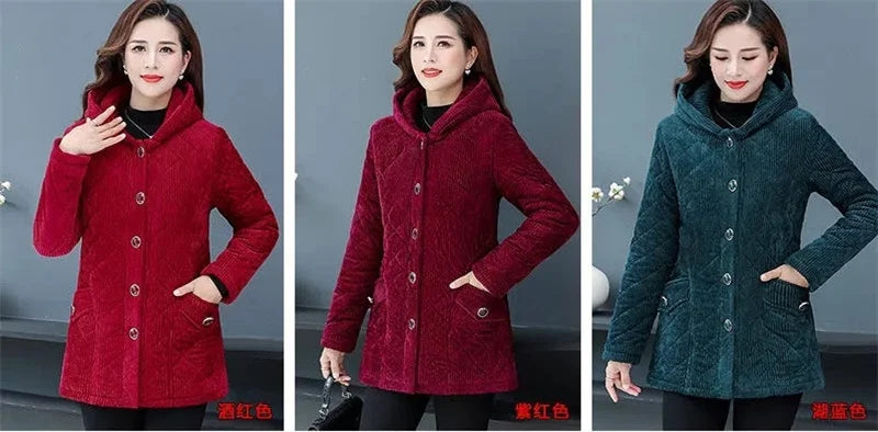 Winter Solid Loose Outwaer Female Casual Middle-aged Thicken Warm Hooded Female Overcoats