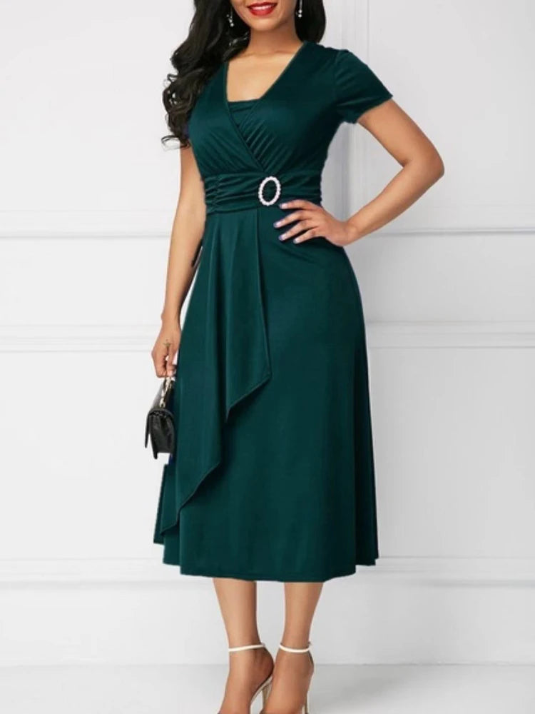 Sleeve V Neck  Waist Tight Midi Party Dress