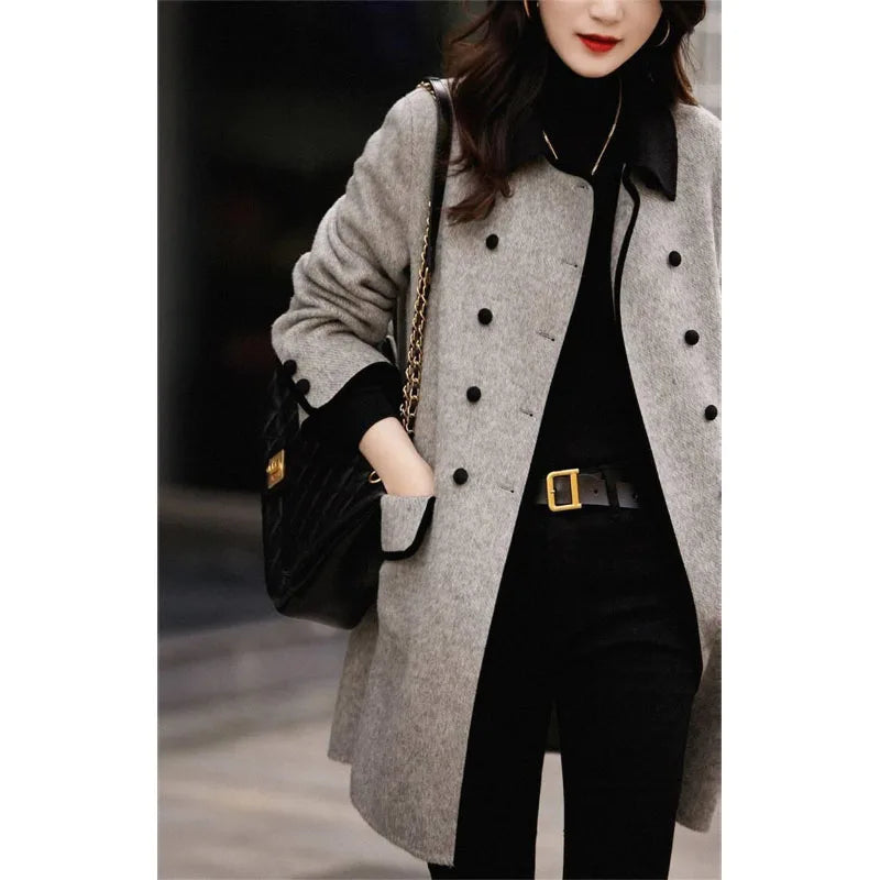 New  Winter High Quality Woolen Style Contrast Color Wool Overcoat Women