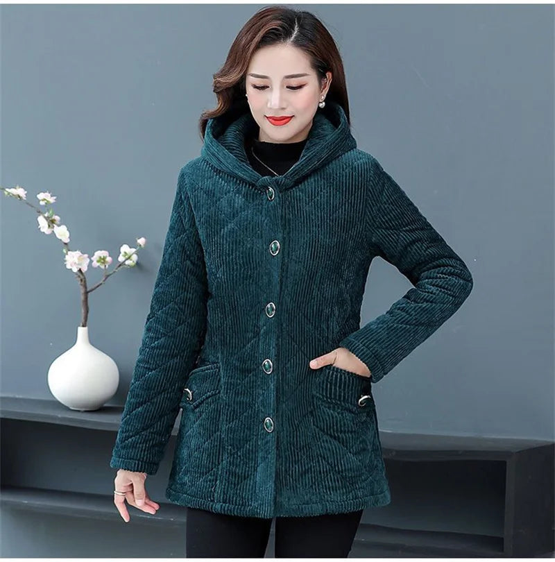 Winter Solid Loose Outwaer Female Casual Middle-aged Thicken Warm Hooded Female Overcoats