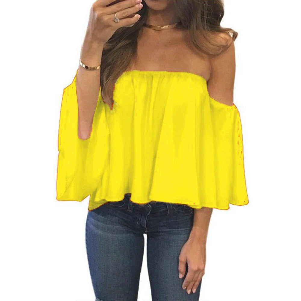 Off Shoulder Blouse Top  Slash Neck Solid