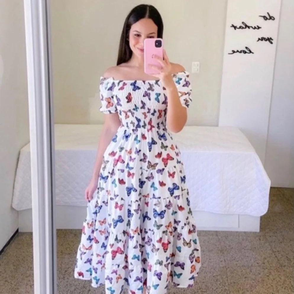 Off Shoulder High Waist Flower Print Short  Sleeve Dress