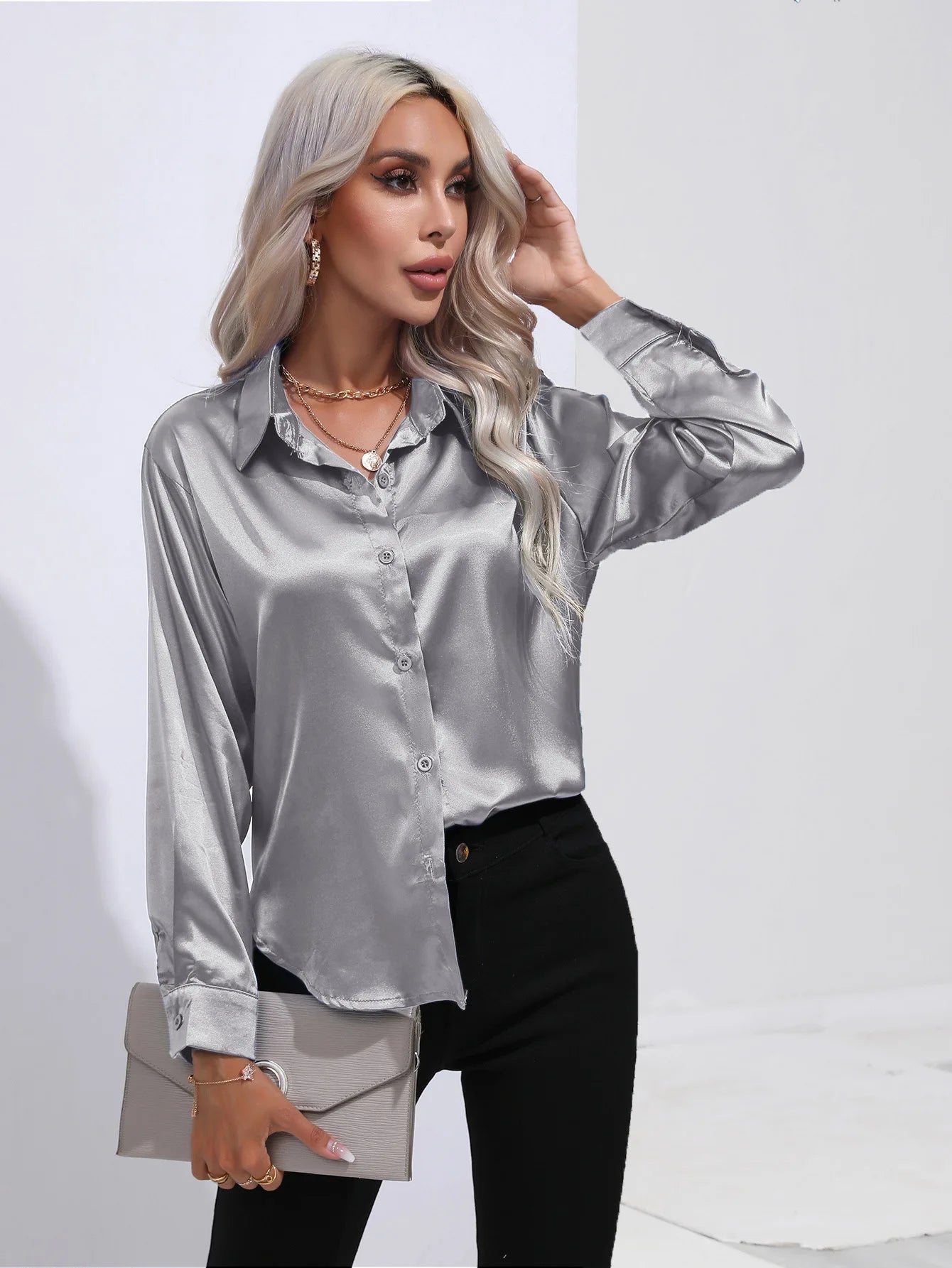 Spring Summer Satin Long Sleeve Office Shirt