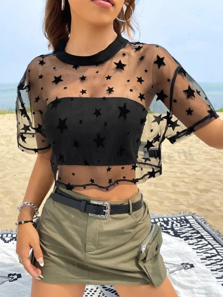 Drop Shoulder Crop Mesh Top