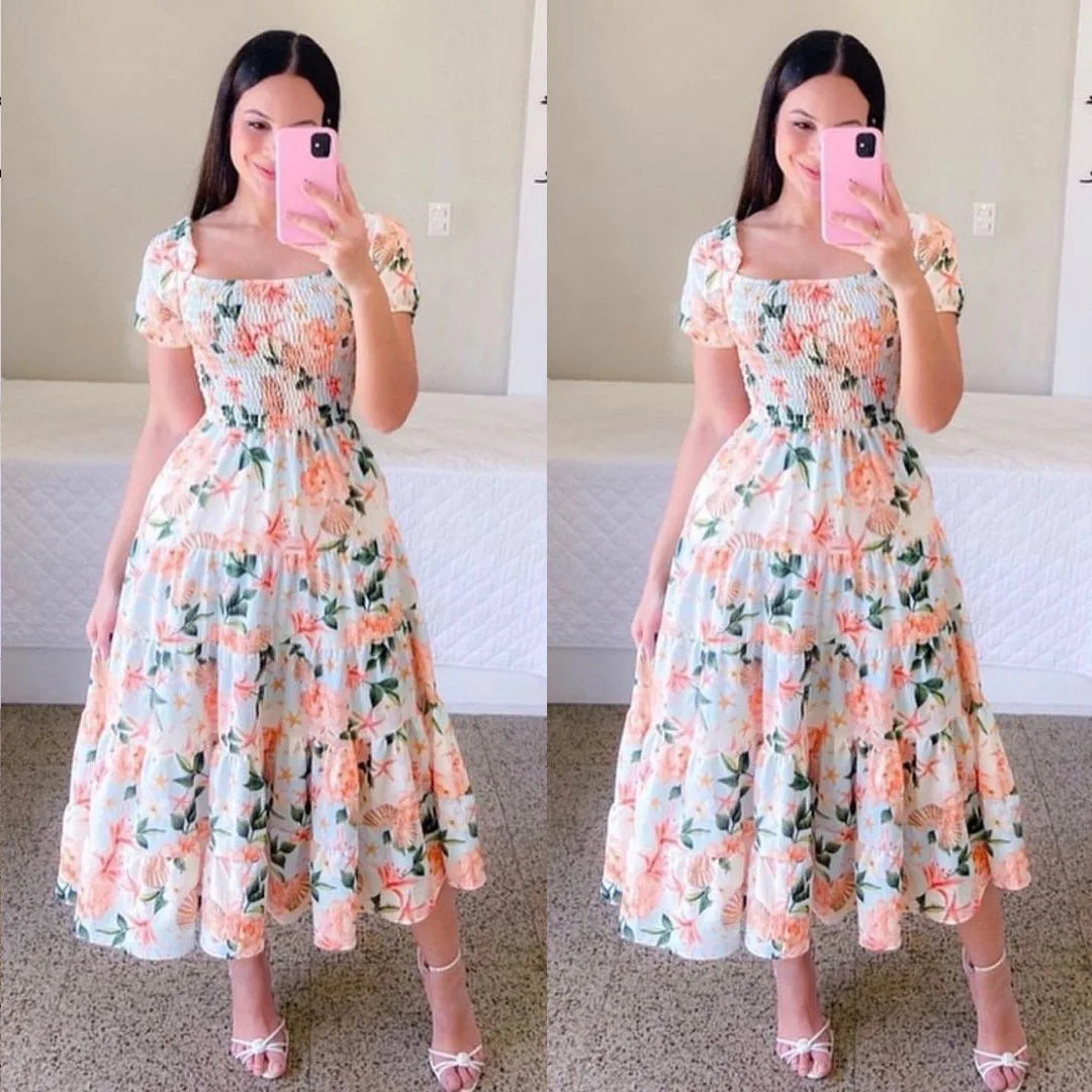 Off Shoulder High Waist Flower Print Short  Sleeve Dress